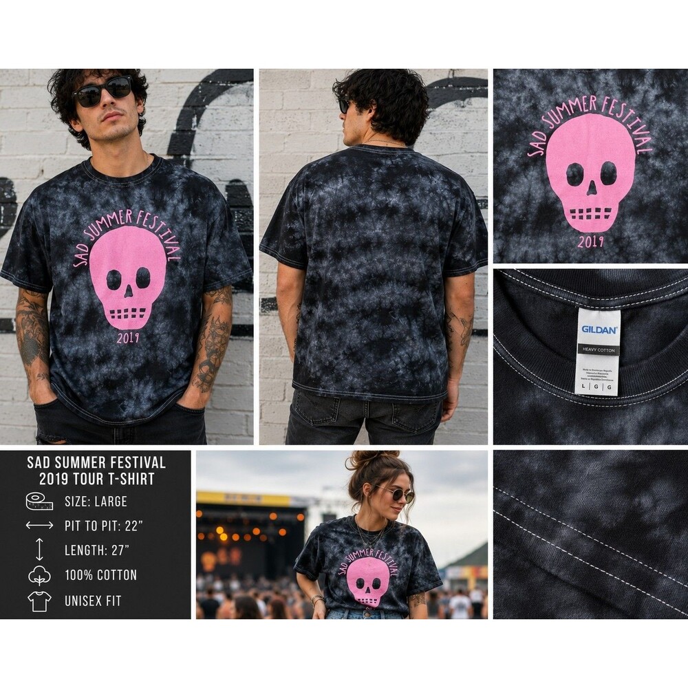 Sad Summer Festival 2019 Tour T-Shirt Large Gray Black Tie Dye Pink Skull Music